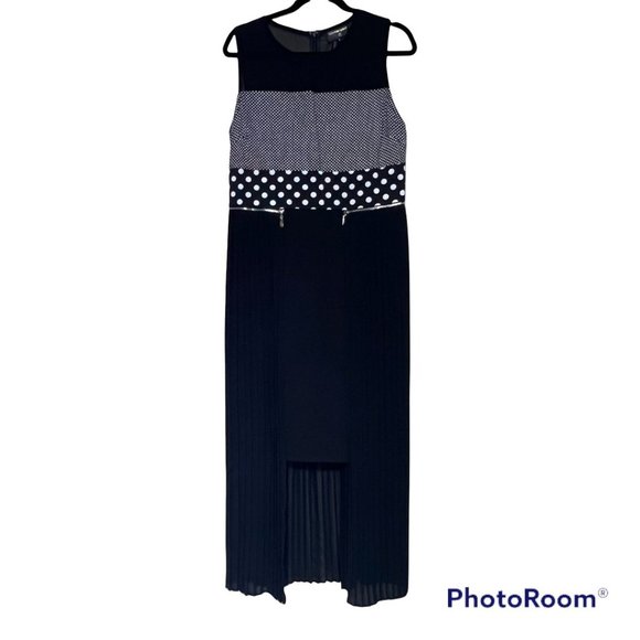 Love the Queen Knee Length/Midi PolkaDot Top Dress Zip Off Knife Pleated Skirt L - Picture 1 of 9